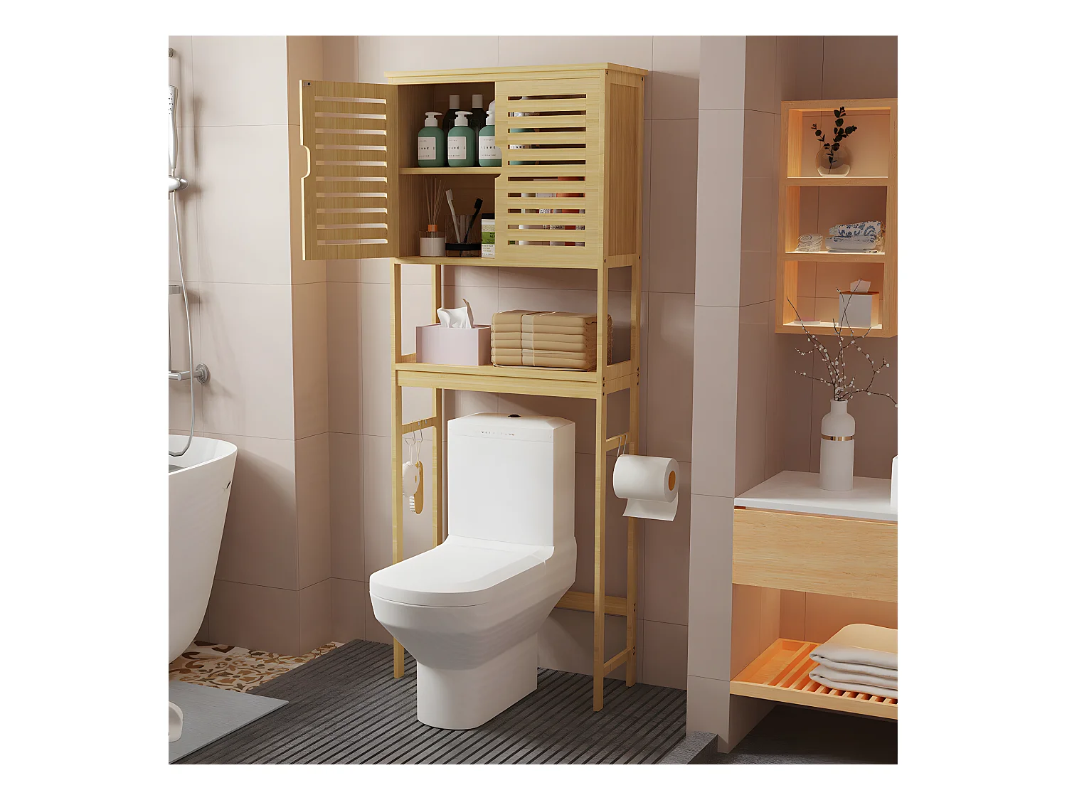 Meuble de Toilette WC Rangement Bambou Dessus des Toilettes Salle de Bain avec Etagère