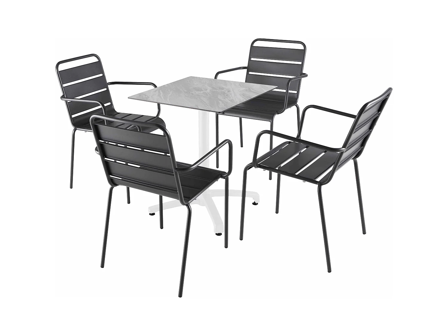 Ensemble table 60 cm marbre et 4 chaises en métal gris
