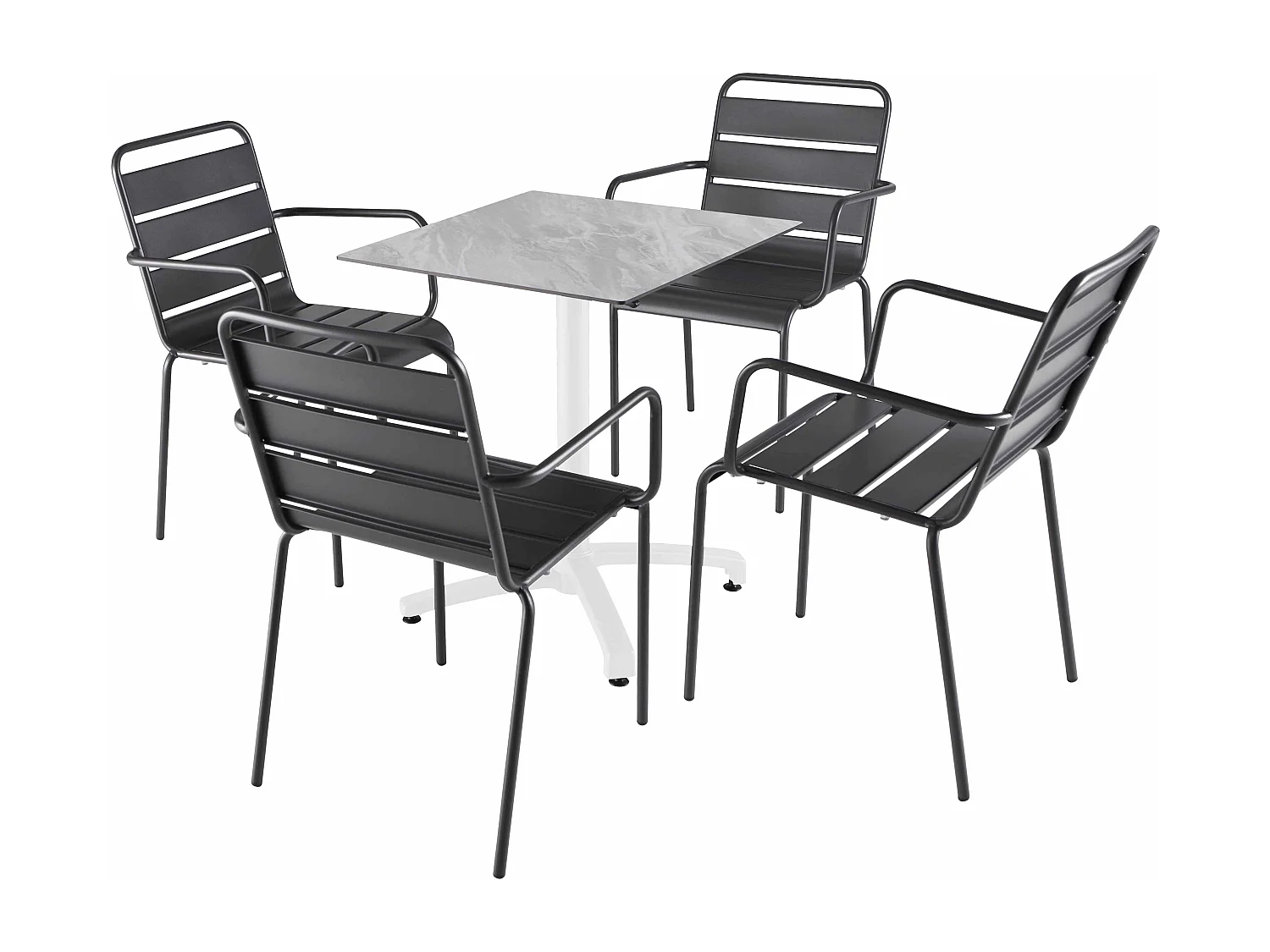 Ensemble table 60 cm marbre et 4 chaises en métal gris