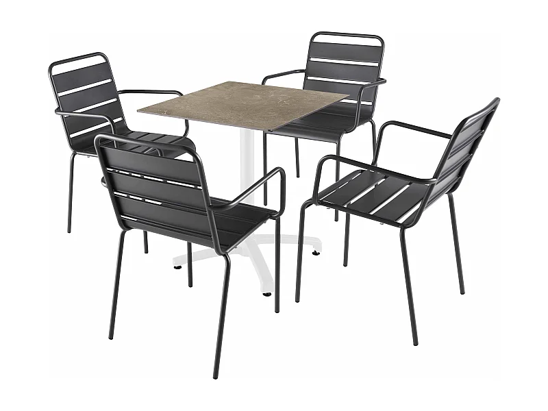 Ensemble table 70 cm marbre beige et 4 chaises en métal gris