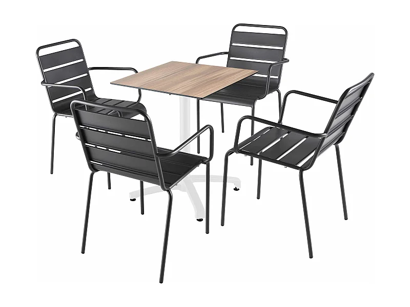 Ensemble table 60 cm chêne foncé et 4 chaises en métal gris