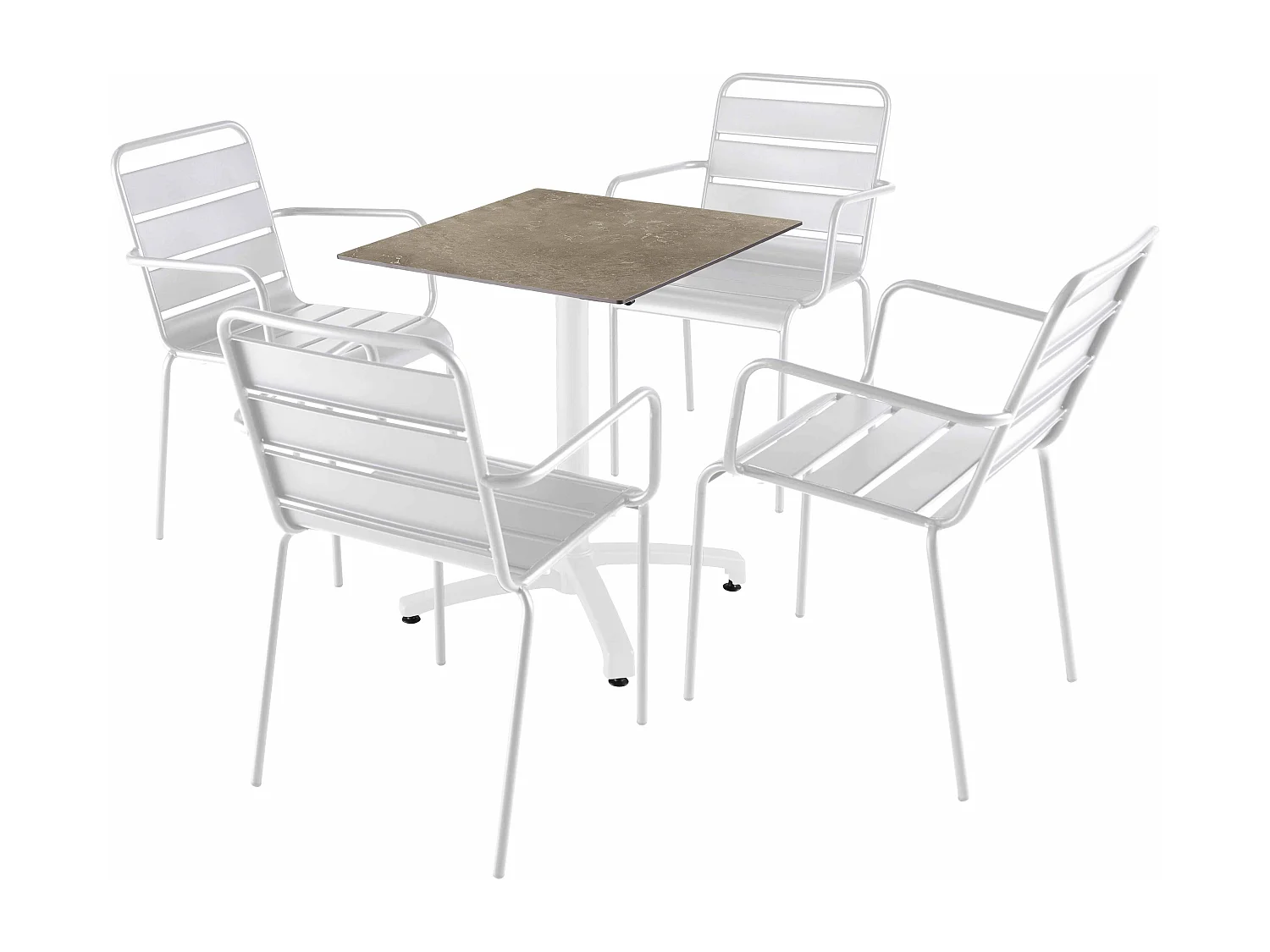 Ensemble table 60 cm marbre beige et 4 chaises en métal blanc