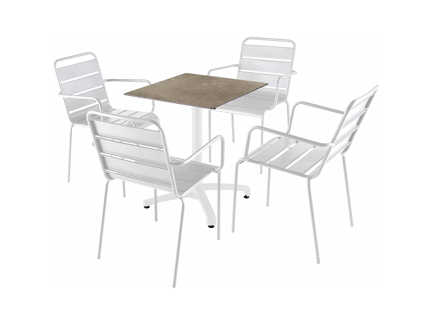 Ensemble table 60 cm marbre beige et 4 chaises en métal blanc