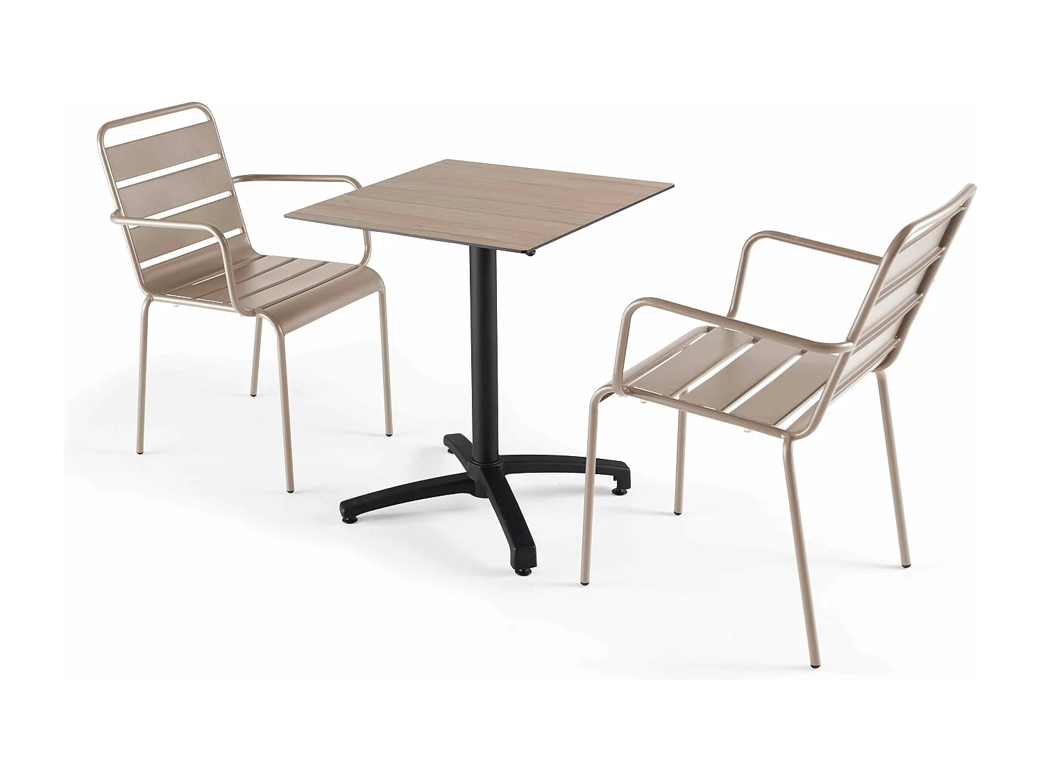 Ensemble table 60 cm chêne clair et 2 fauteuils en métal taupe