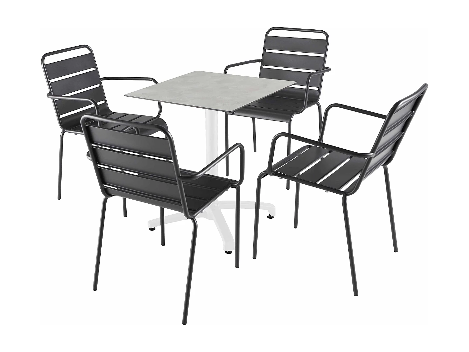 Ensemble table 60 cm béton gris clair et 4 chaises en métal gris