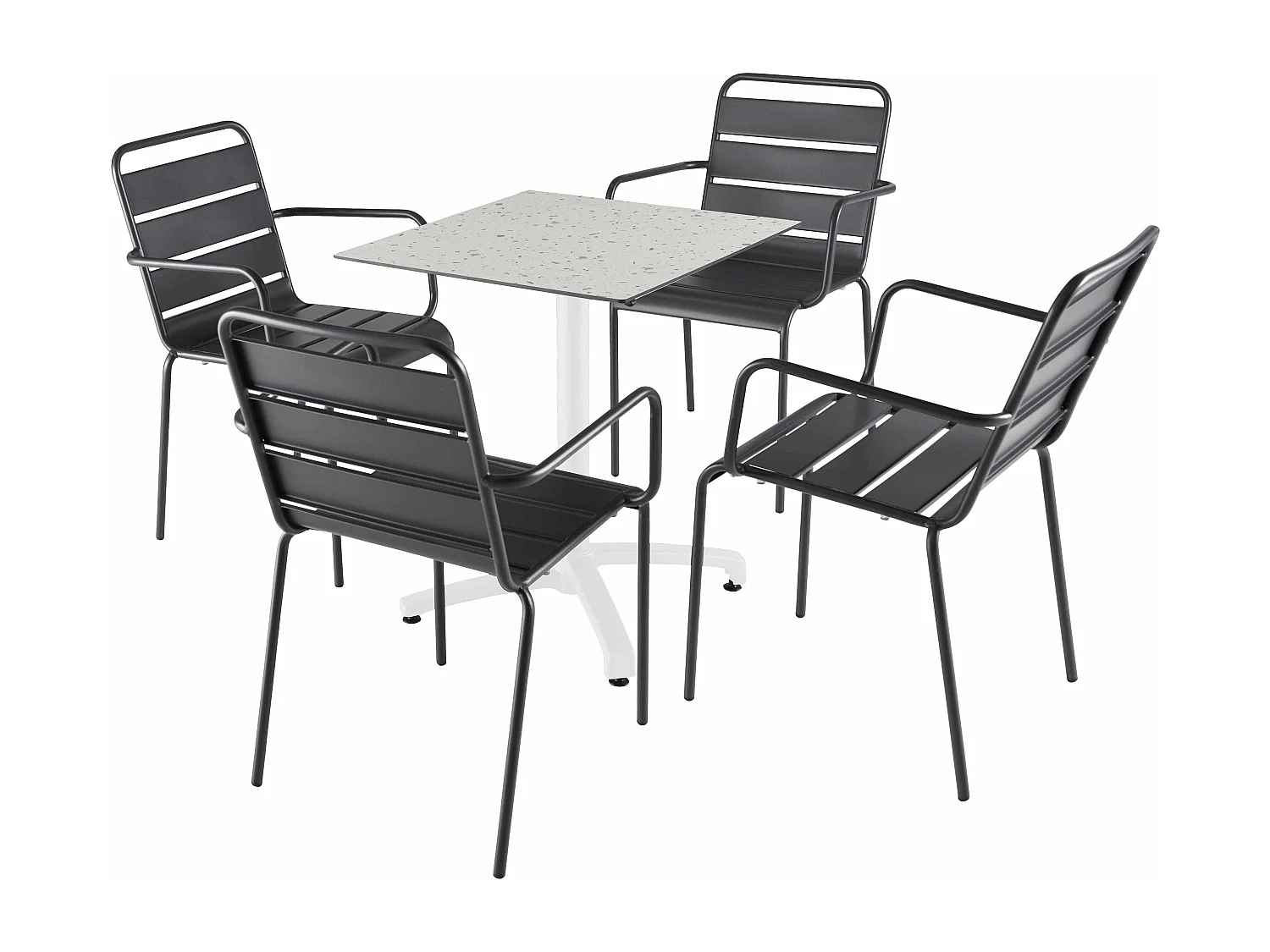 Ensemble table 60 cm terrazzo et 4 chaises en métal gris