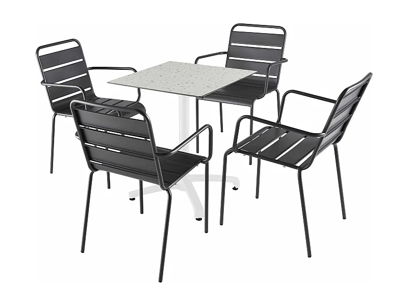 Liggende terrazzo gelamineerde tafel van 60x60 cm en 4 grijze stoelen