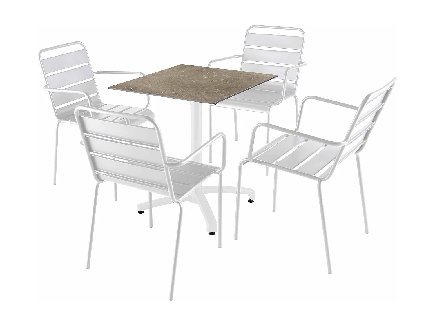 Ensemble table 70 cm marbre beige et 4 chaises en métal blanc
