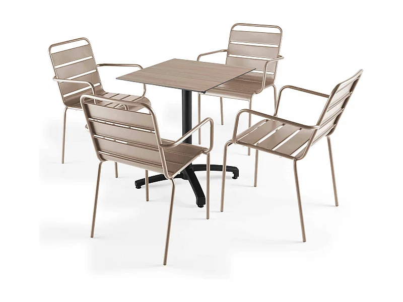 Ensemble table 60 cm chêne clair et 4 fauteuils en métal taupe