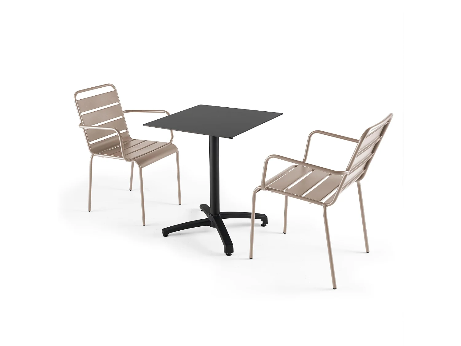 Ensemble table 60 cm noir et 2 fauteuils en métal taupe