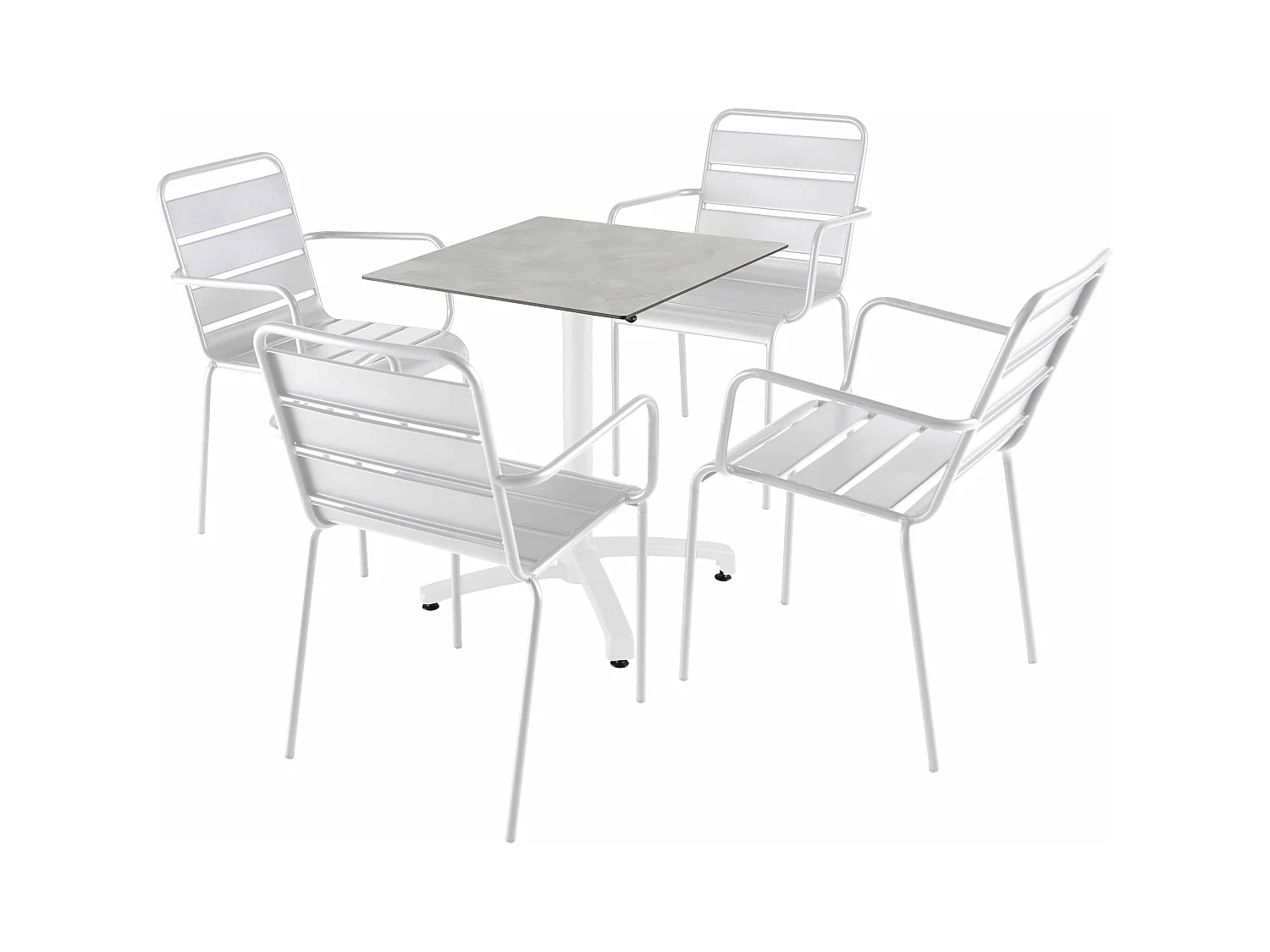 Ensemble table 60 cm béton gris clair et 4 chaises en métal blanc
