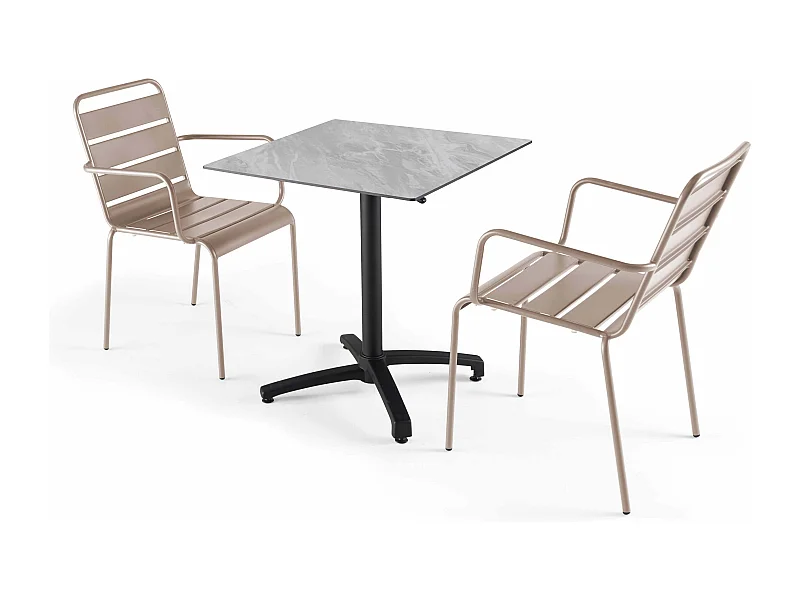 Ensemble table 70 cm marbre et 2 chaises en métal taupe