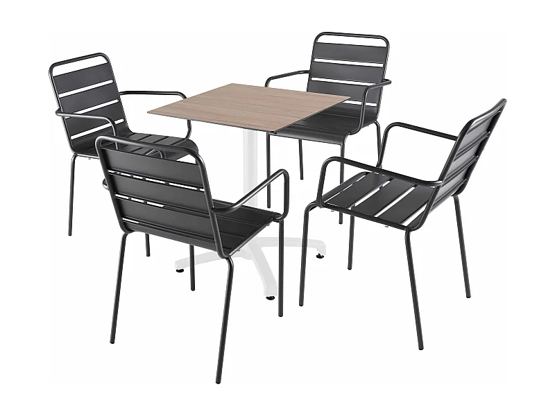 Ligtafel van 60x60 cm in licht eiken laminaat en 4 grijze stoelen