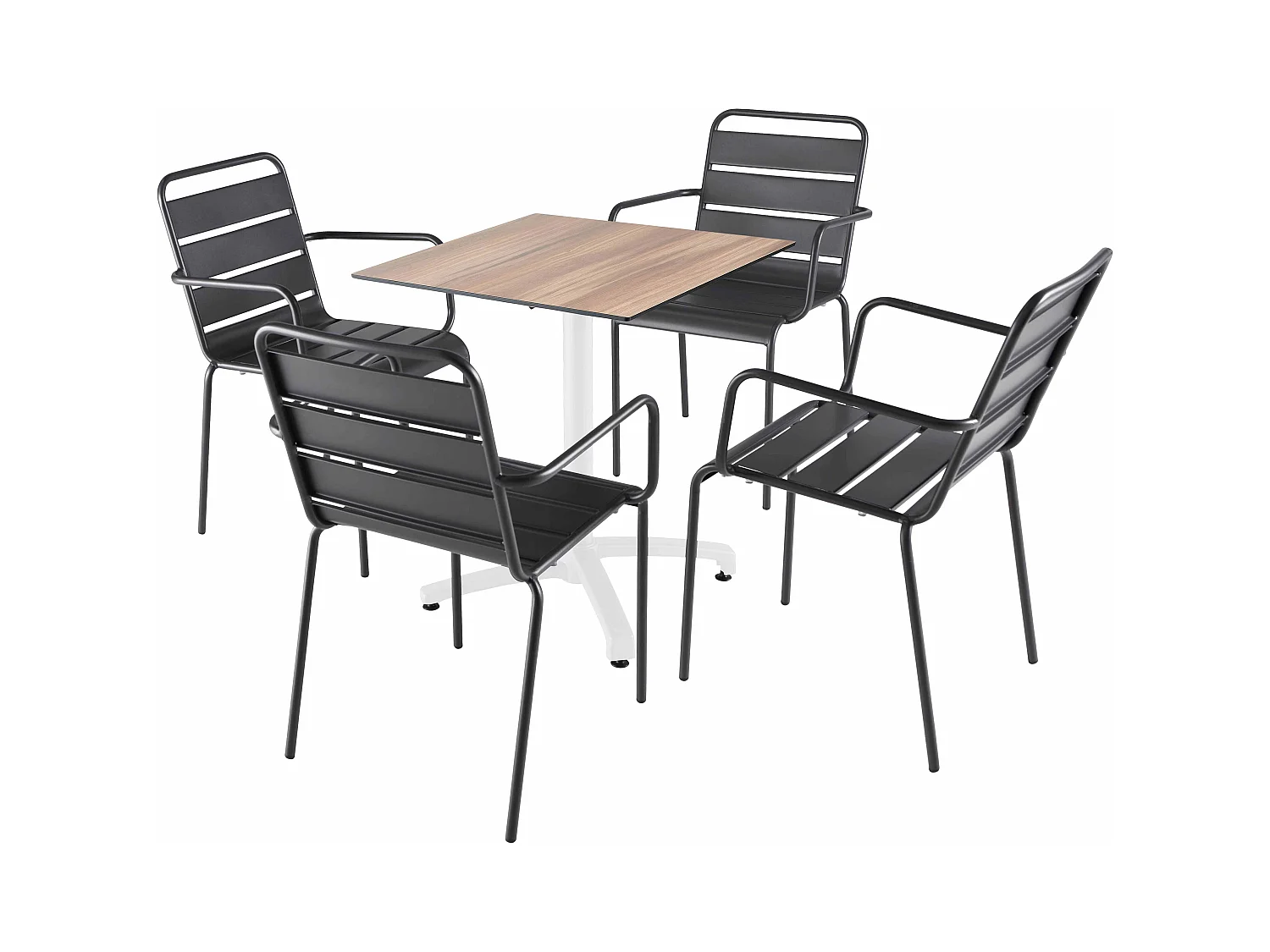 Ensemble table 70 cm chêne foncé et 4 chaises en métal gris
