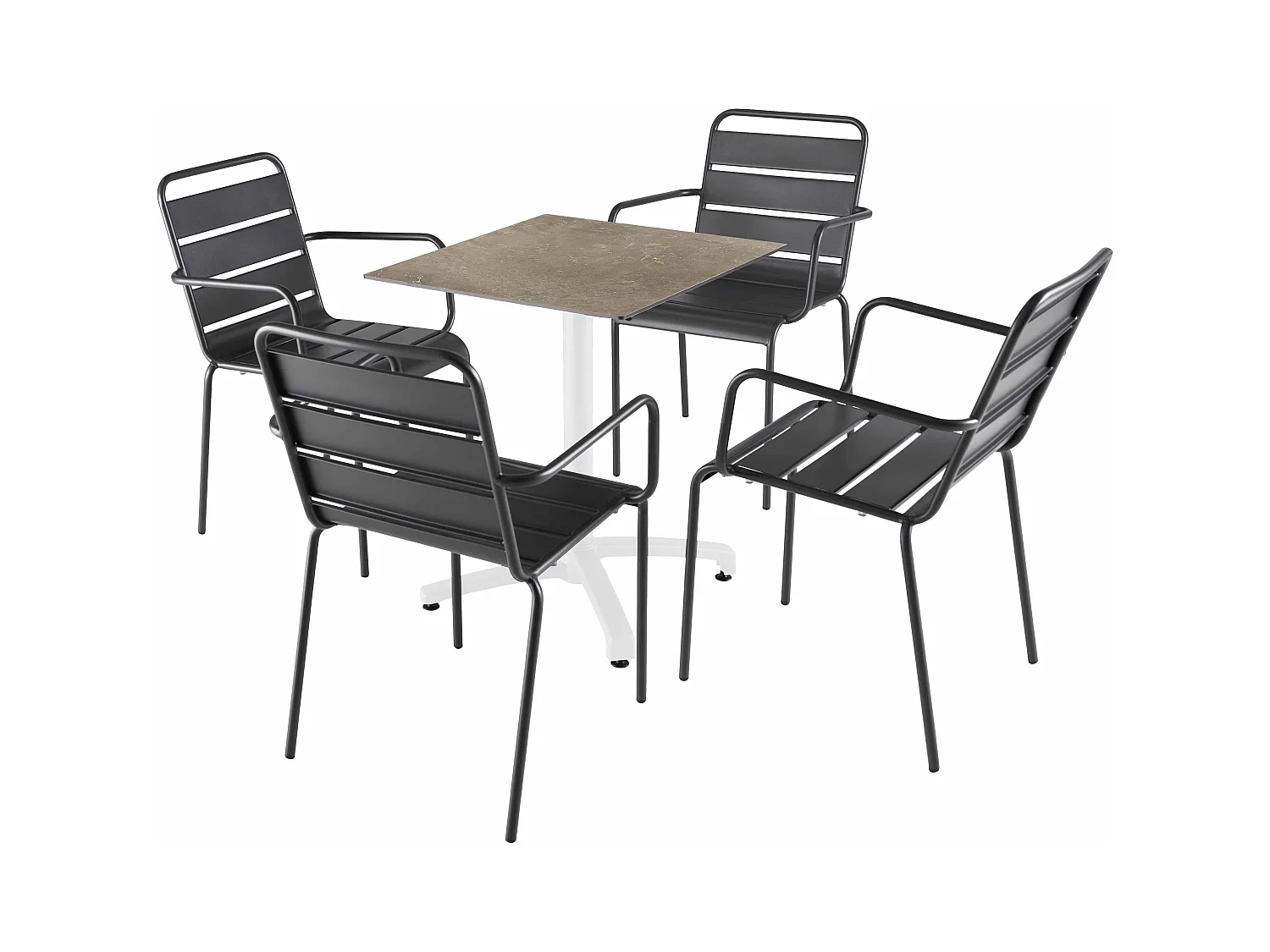 Ensemble table 60 cm marbre beige et 4 chaises en métal gris