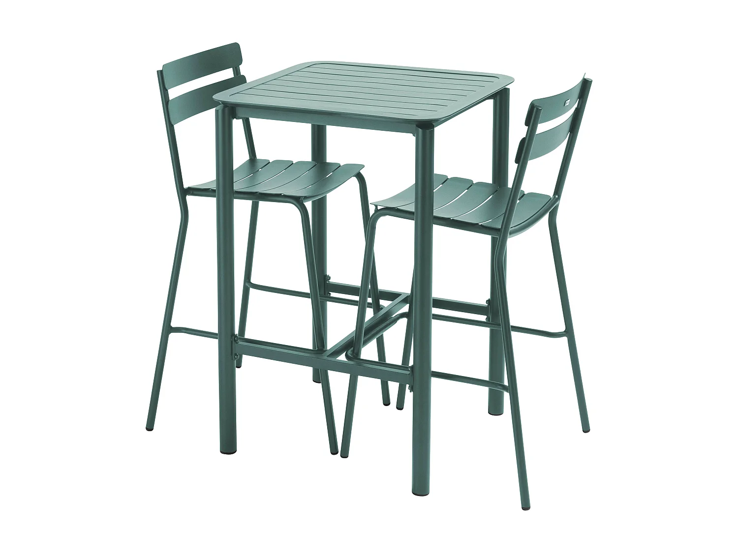 Table haute de terrasse avec 2 chaises en aluminium vert foncé