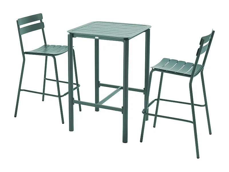 Table haute de terrasse avec 2 chaises en aluminium vert foncé