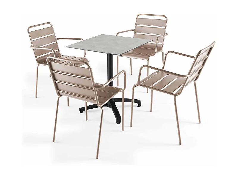 Ensemble table 70 cm gris clair et 4 chaises en métal taupe