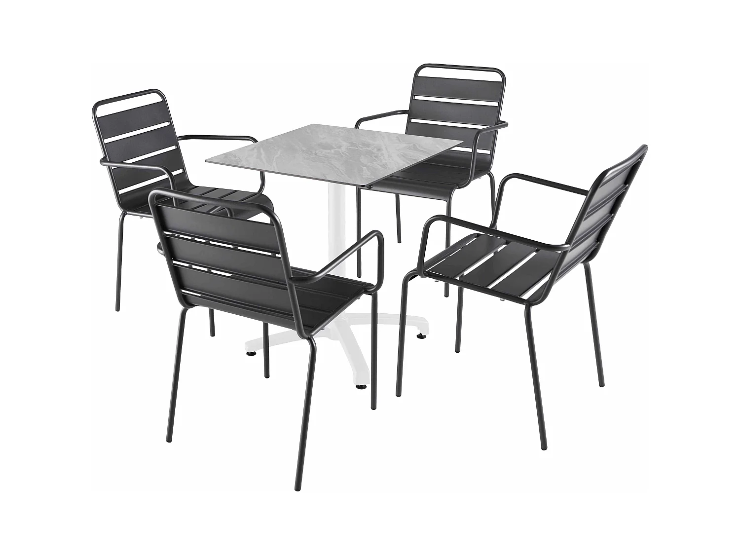 Ensemble table 70 cm marbre et 4 chaises en métal gris