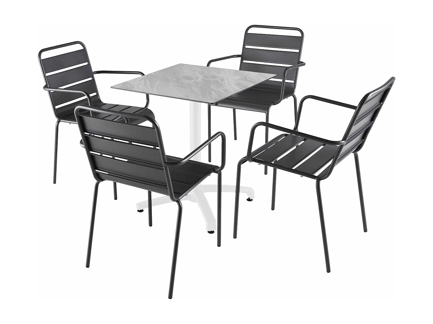 Ensemble table 70 cm marbre et 4 chaises en métal gris