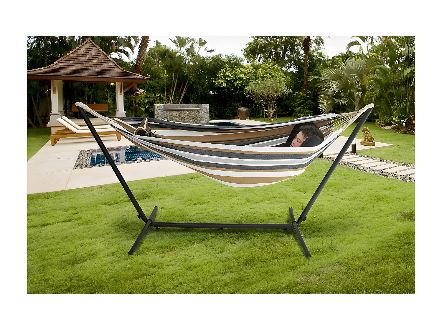 Amaca in tessuto con supporto in metallo resistente alle intemperie - Marrone e Bianco