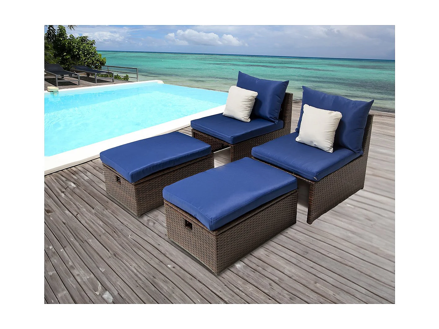 Lot de 2 fauteuils de jardin avec repose pieds et coffre "Farel"- Beige/Marron