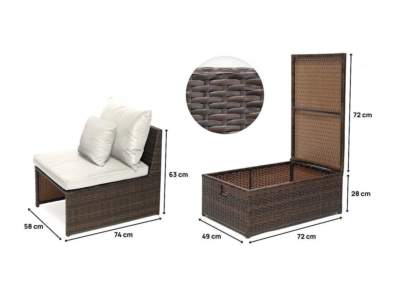 Lot de 2 fauteuils de jardin avec repose pieds et coffre "Farel"- Beige/Marron