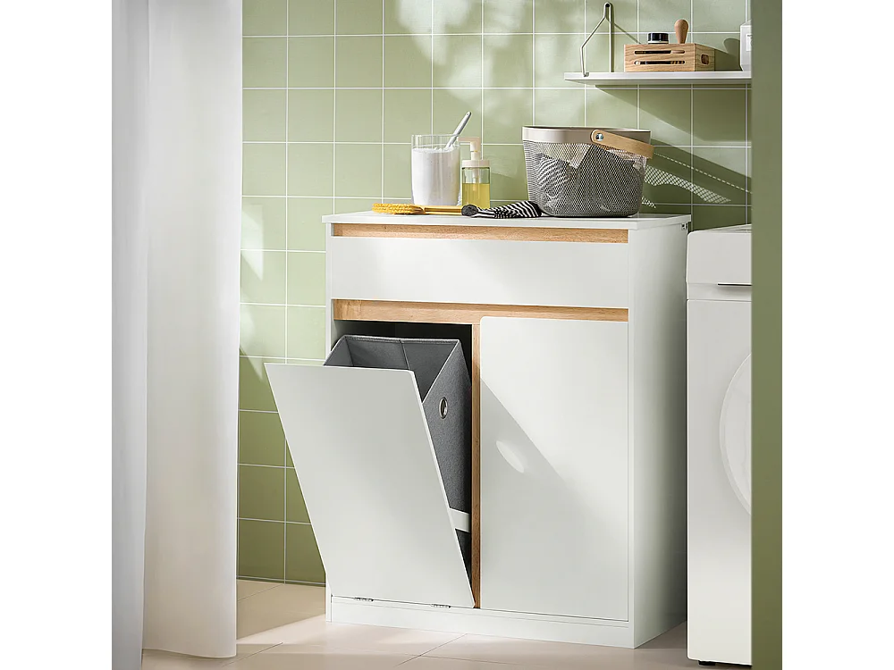 SoBuy BZR79-W Meuble Bas de Salle de Bain avec Bac à Linge Amovible Armoire à Linge Commode