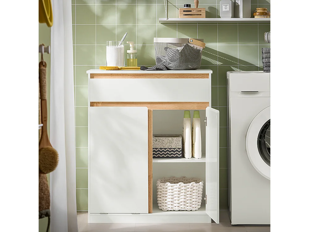 SoBuy BZR79-W Meuble Bas de Salle de Bain avec Bac à Linge Amovible Armoire à Linge Commode