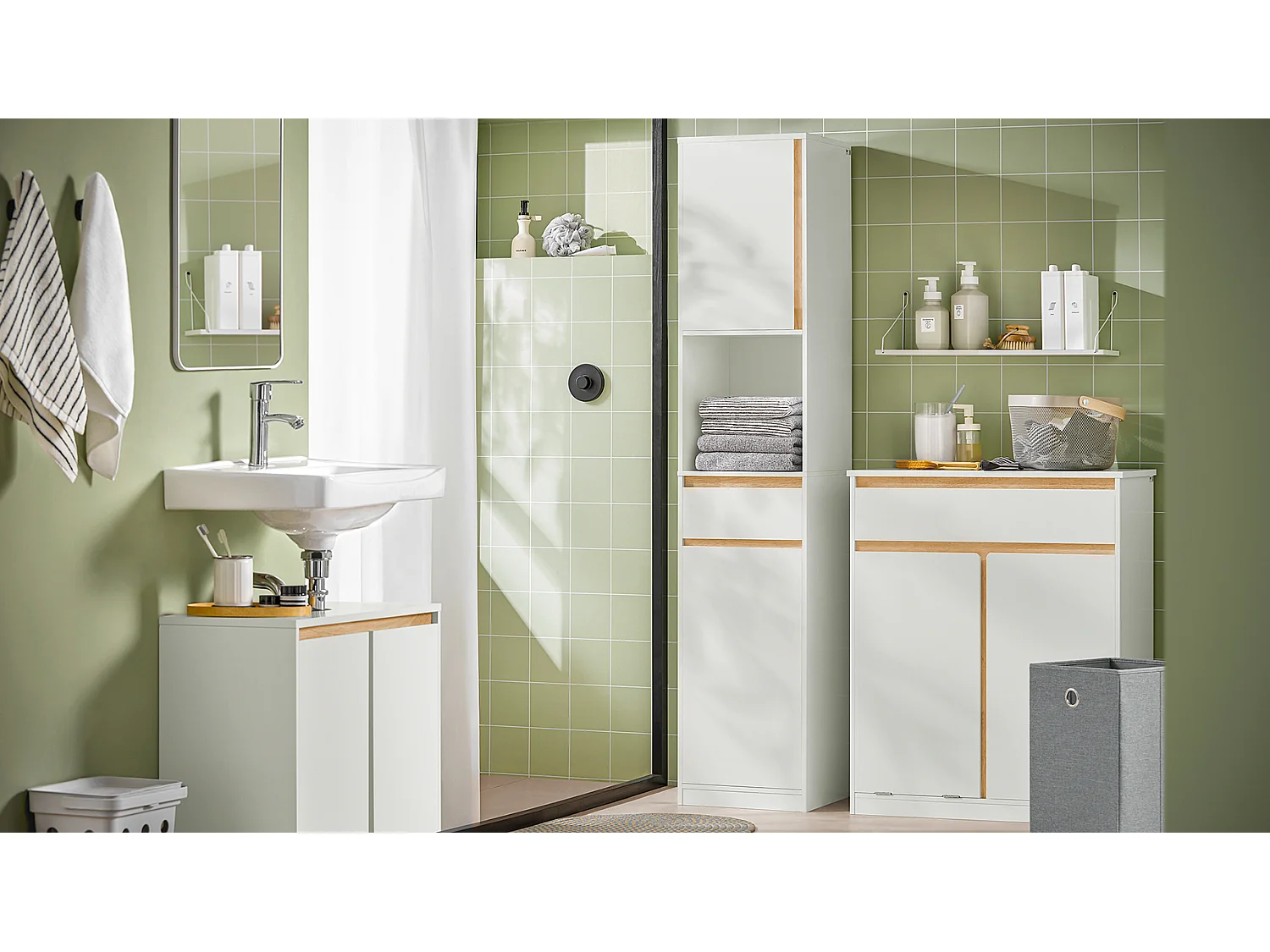SoBuy BZR79-W Meuble Bas de Salle de Bain avec Bac à Linge Amovible Armoire à Linge Commode