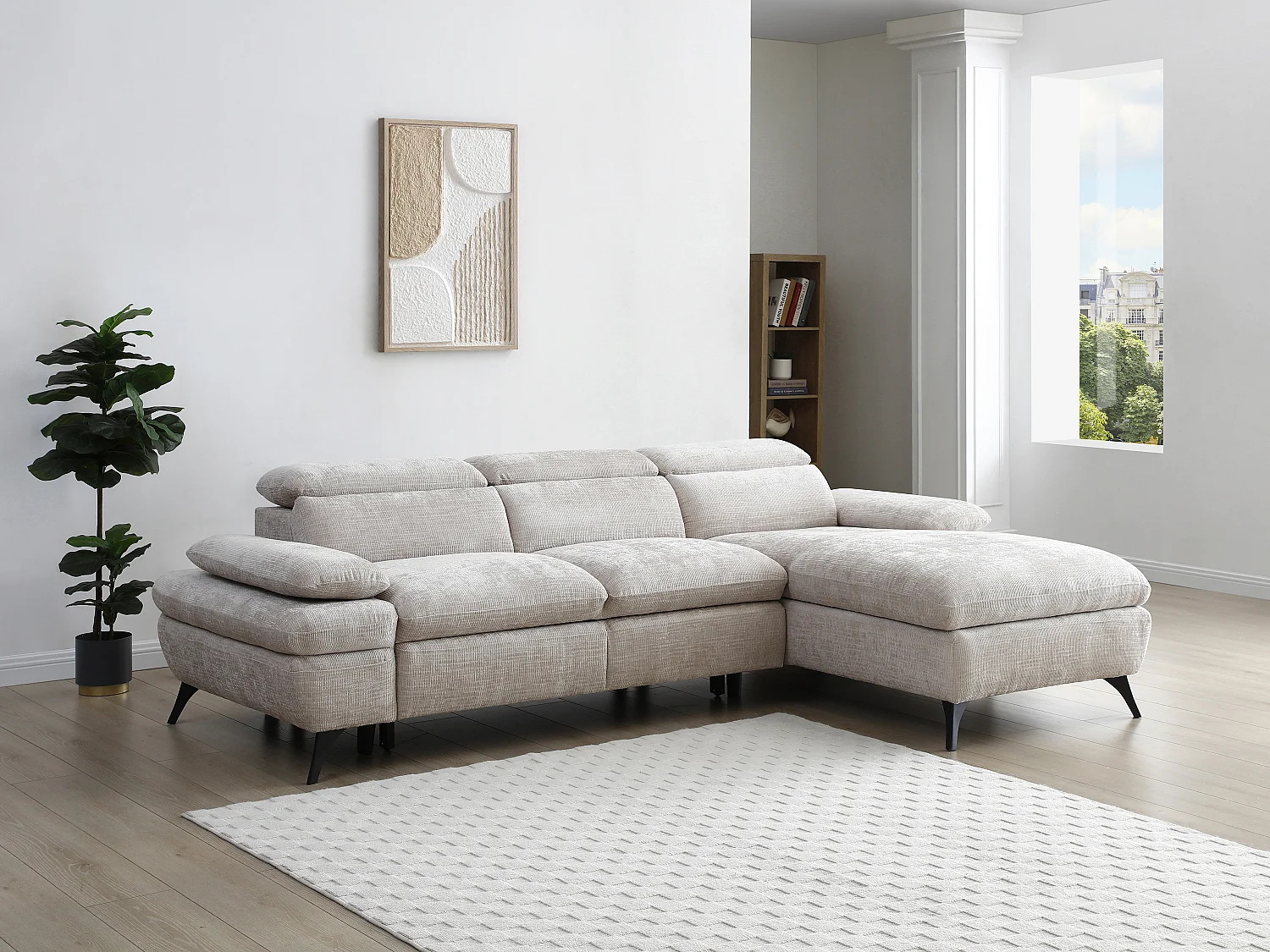 Ecksofa mit Schlaffunktion mit Bettkasten - Ecke rechts - Strukturstoff - Beige - MORAVA