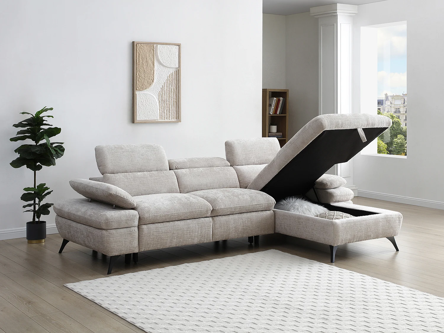 Ecksofa mit Schlaffunktion mit Bettkasten - Ecke rechts - Strukturstoff - Beige - MORAVA