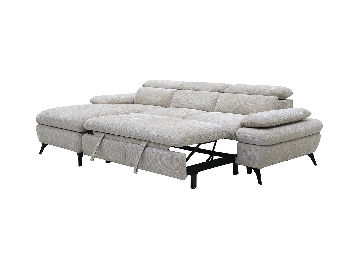 Venstre hjørnesofabed i tekstureret stof med beige opbevaringskasse MORAVA