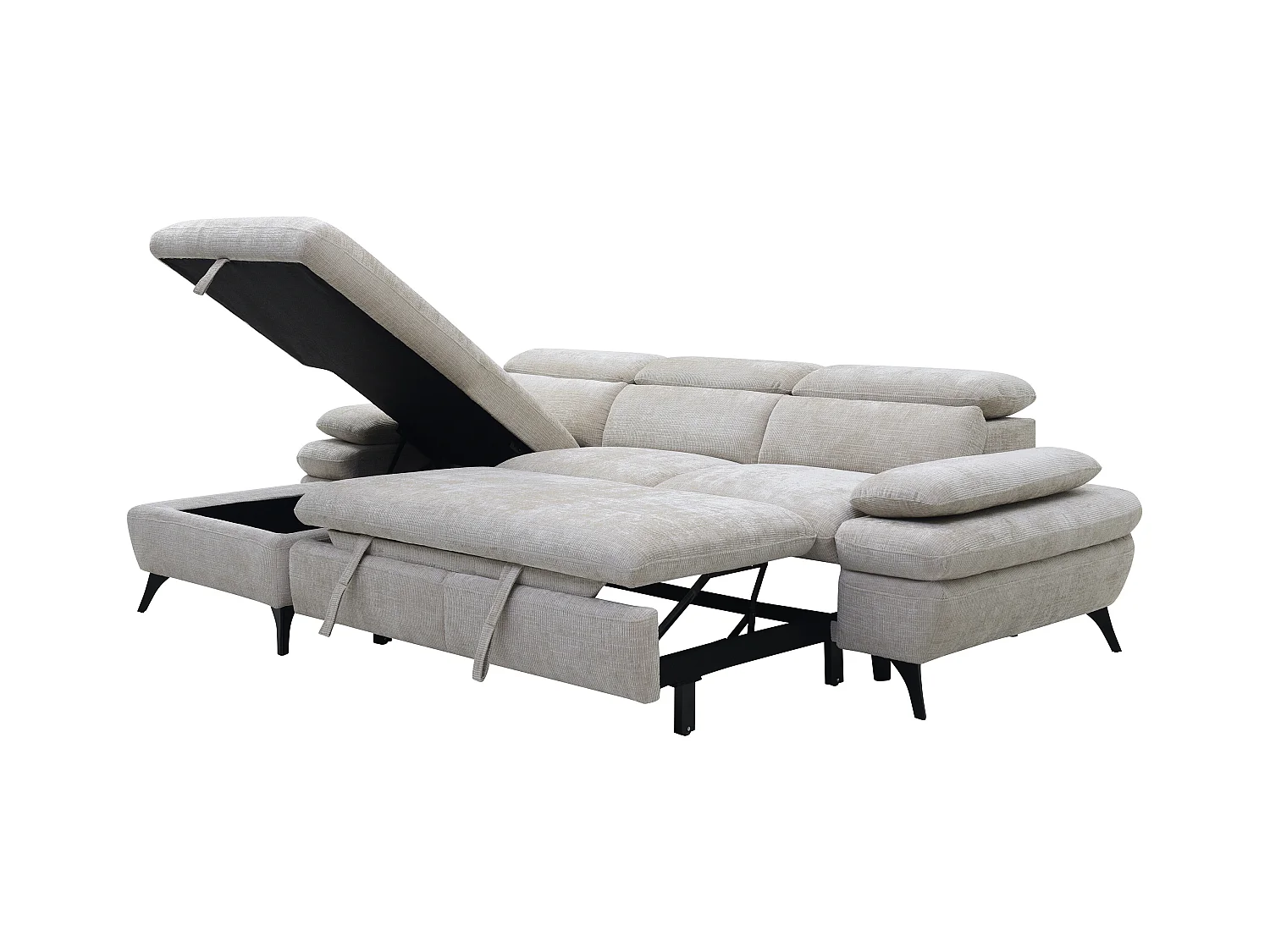 Venstre hjørnesofabed i tekstureret stof med beige opbevaringskasse MORAVA