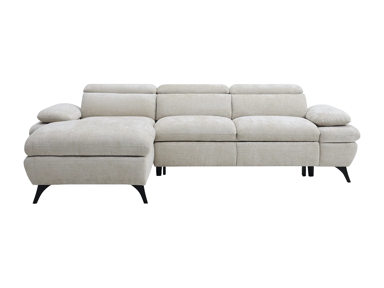 Venstre hjørnesofa som kan konverteres til seng, i strukturert stoff med beige oppbevaringsboks MORAVA