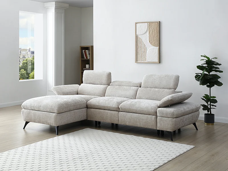 Ecksofa mit Schlaffunktion mit Bettkasten - Ecke links - Strukturstoff - Beige - MORAVA