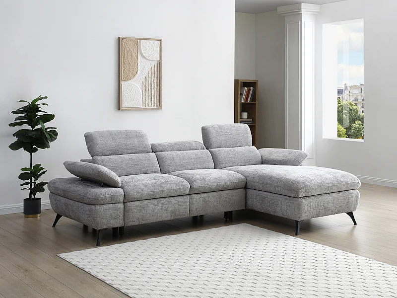 Canapé d'angle droit convertible en tissu texturé gris SURDELI