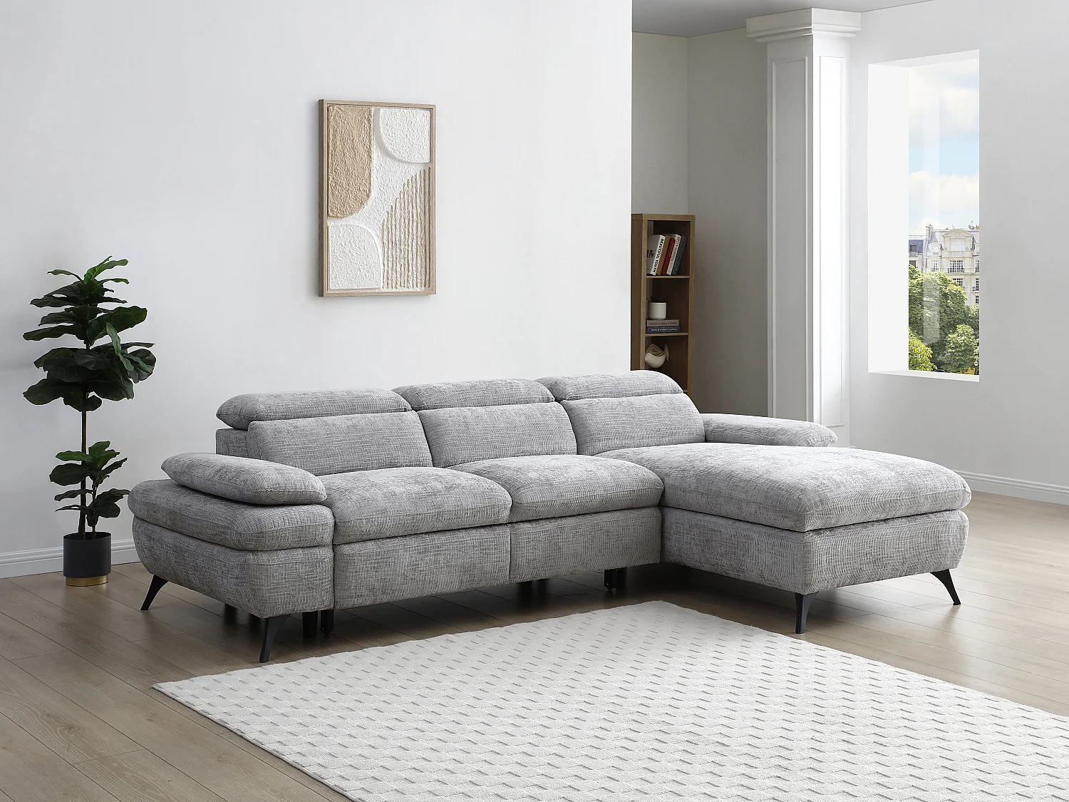 Høyre hjørnesofa som kan konverteres til seng i teksturert stoff med grå oppbevaringsplass MORAVA