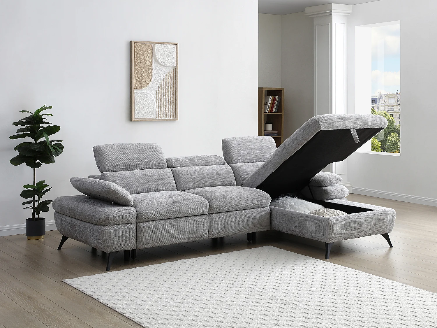 Høyre hjørnesofa som kan konverteres til seng i teksturert stoff med grå oppbevaringsplass MORAVA