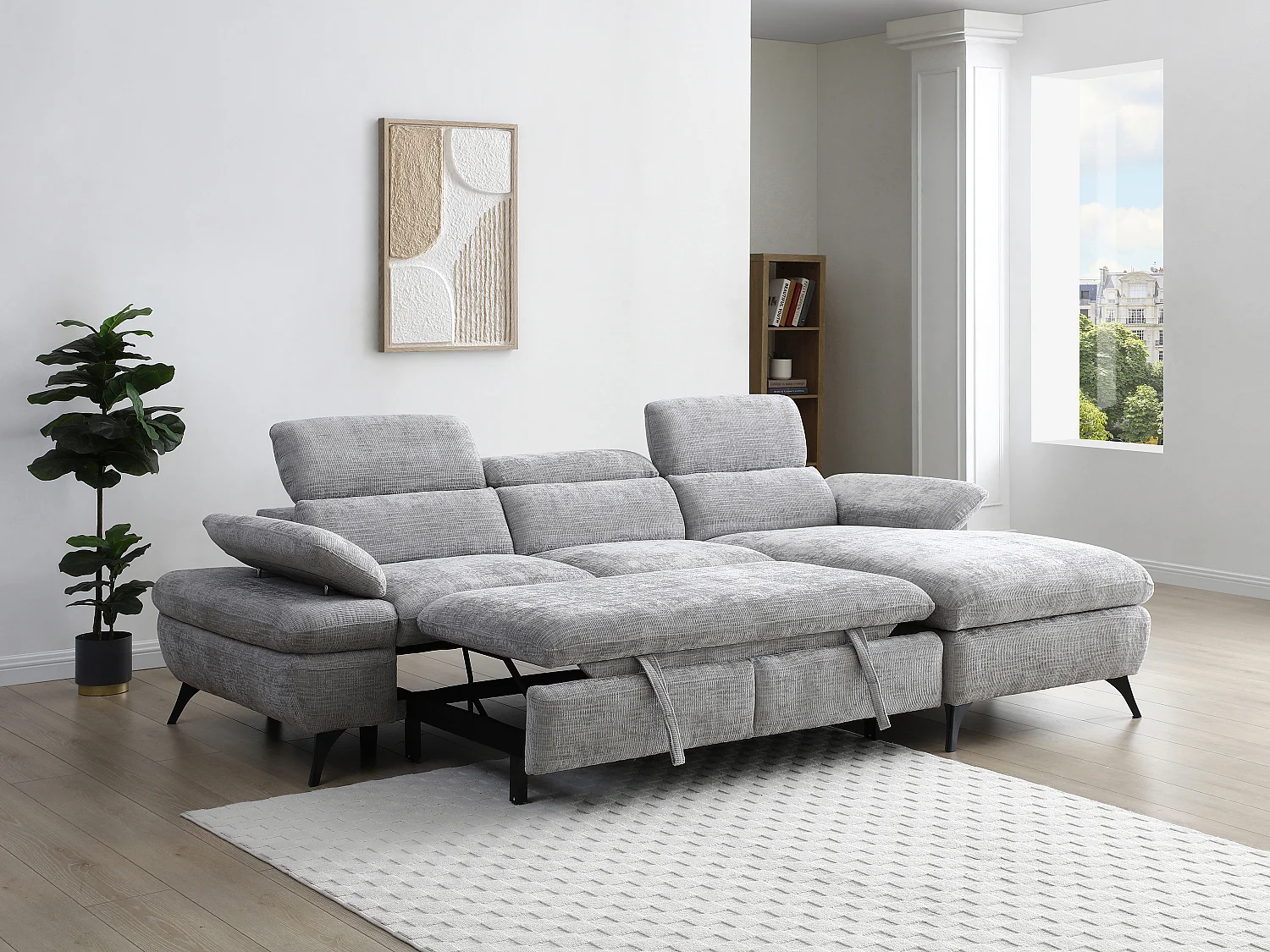 Høyre hjørnesofa som kan konverteres til seng i teksturert stoff med grå oppbevaringsplass MORAVA