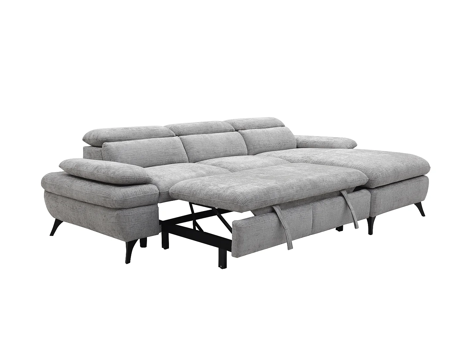 Høyre hjørnesofa som kan konverteres til seng i teksturert stoff med grå oppbevaringsplass MORAVA