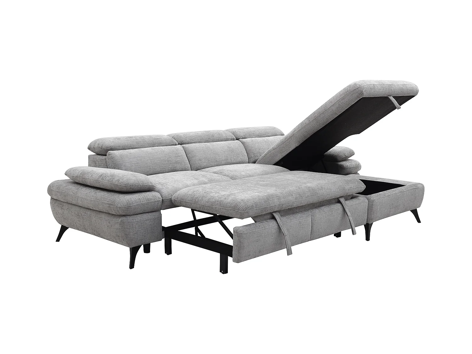 Høyre hjørnesofa som kan konverteres til seng i teksturert stoff med grå oppbevaringsplass MORAVA