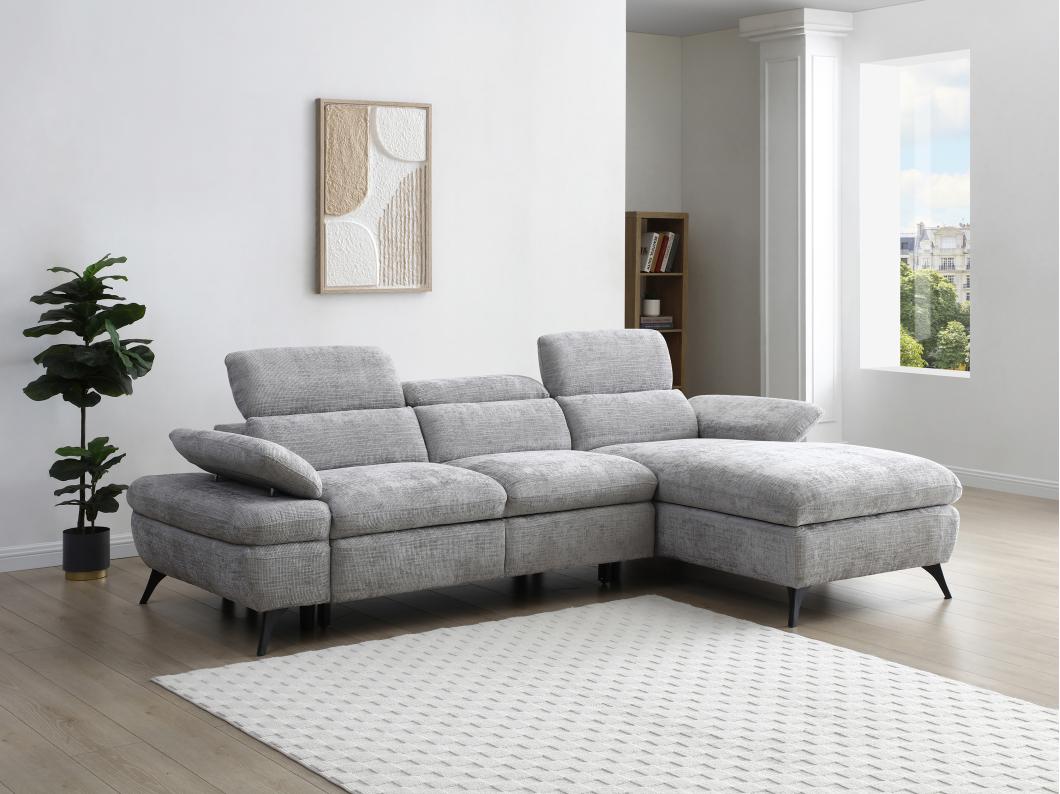 Canapé d'angle droit convertible en tissu texturé avec coffre de rangement gris MORAVA