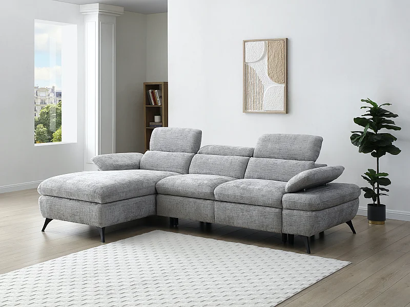 Canapé d'angle gauche convertible en tissu texturé gris SURDELI