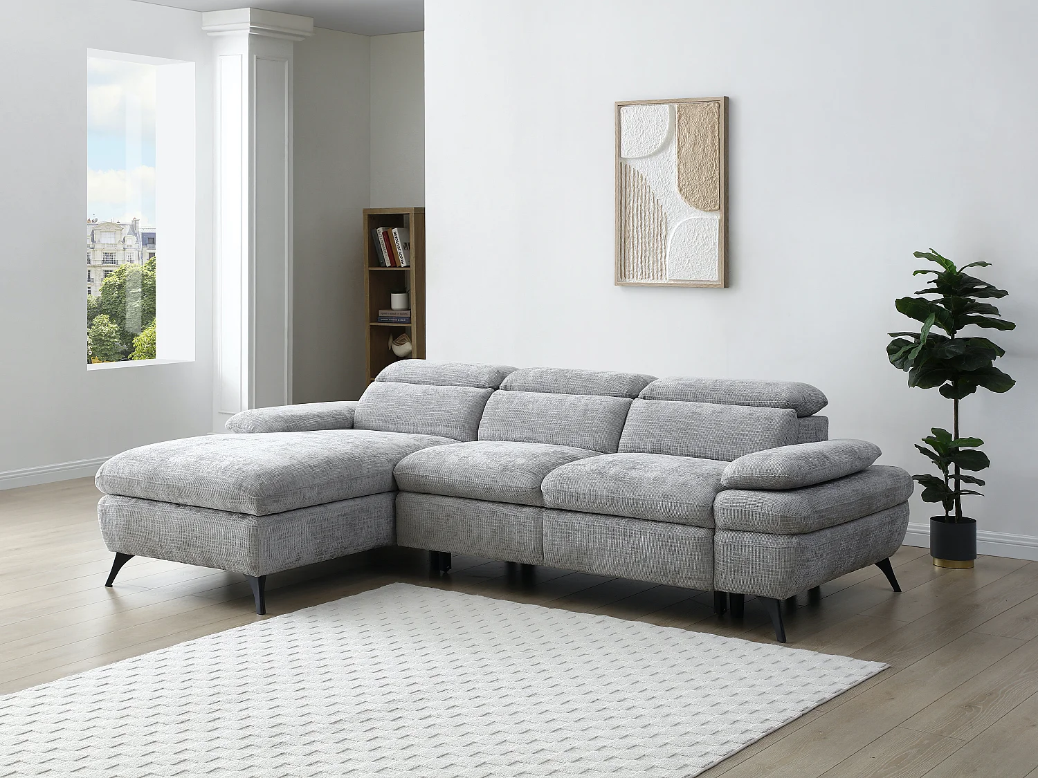 Canapé d'angle gauche convertible en tissu texturé gris SURDELI