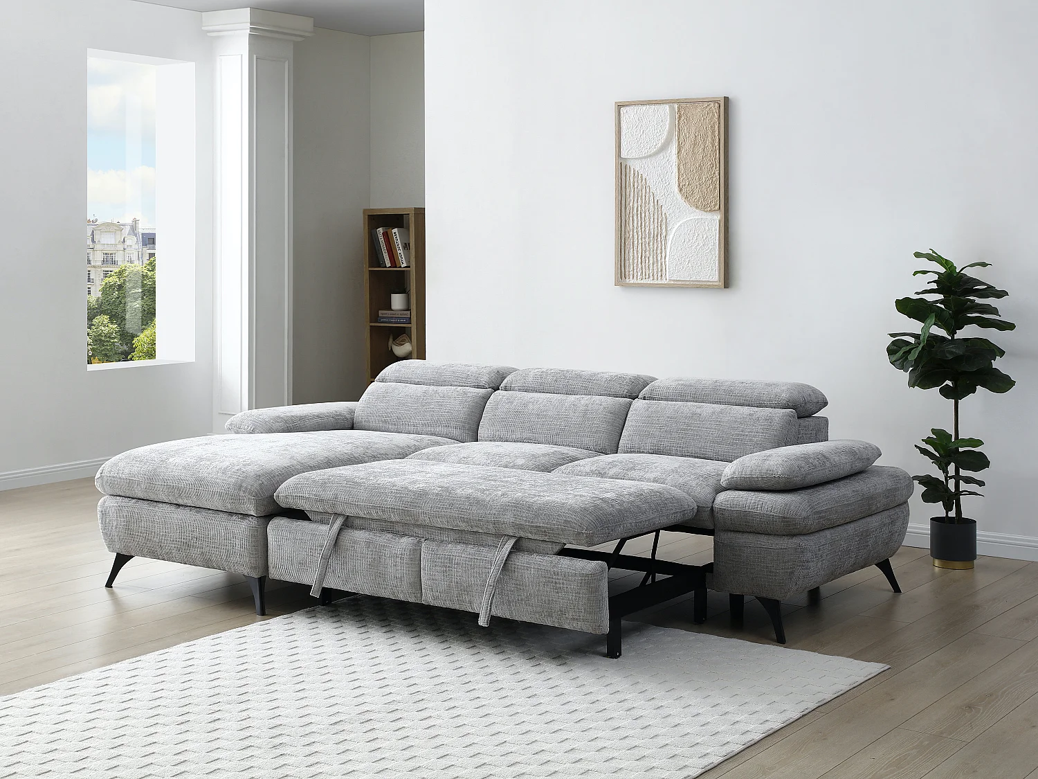 Canapé d'angle gauche convertible en tissu texturé gris SURDELI