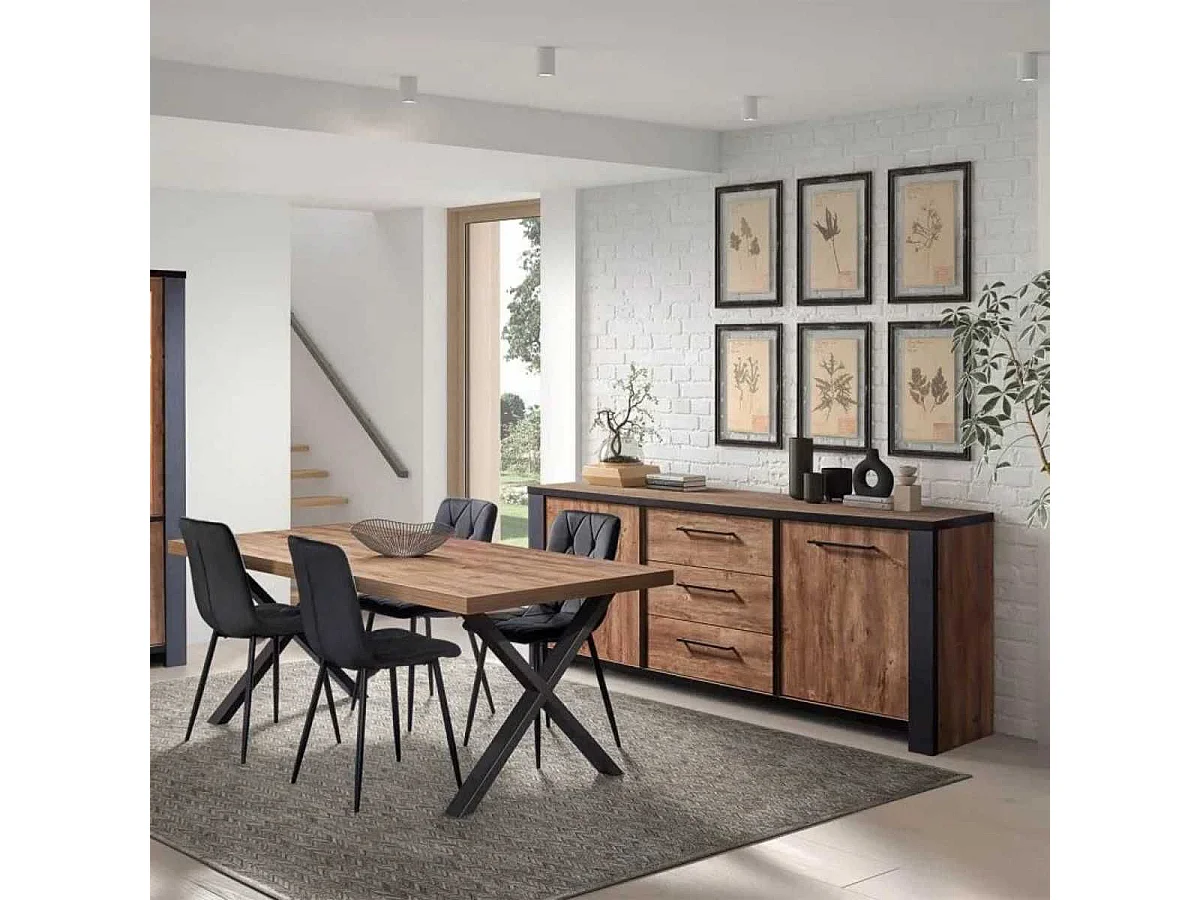 DENVER - Table Rectangulaire 200cm Aspect Bois Piètement X Métal Noir