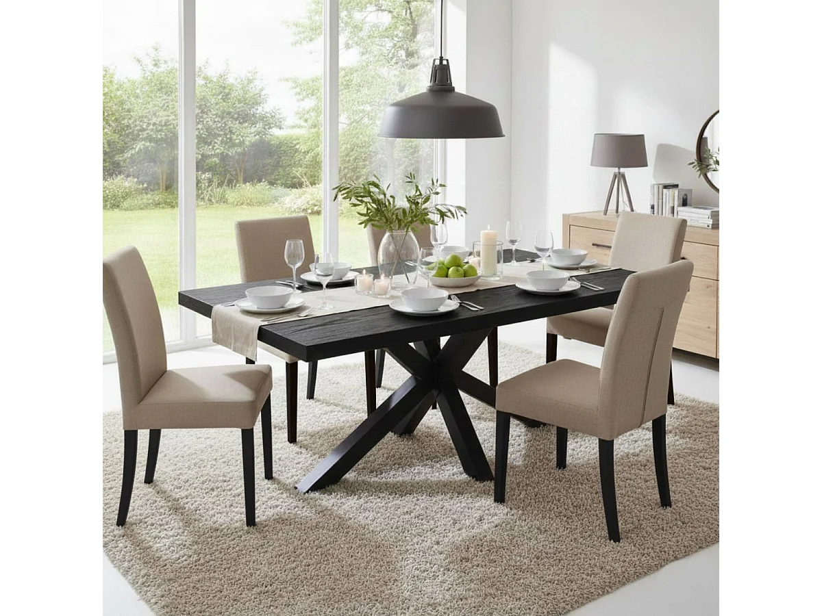 NOX - Table Rectangulaire 170cm Aspect Bois Noir Piètement Etoile Métal Noir