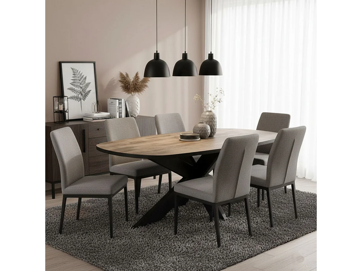 TROPIX - Table Ovale 200cm Aspect Bois Piètement Araignée Métal Noir