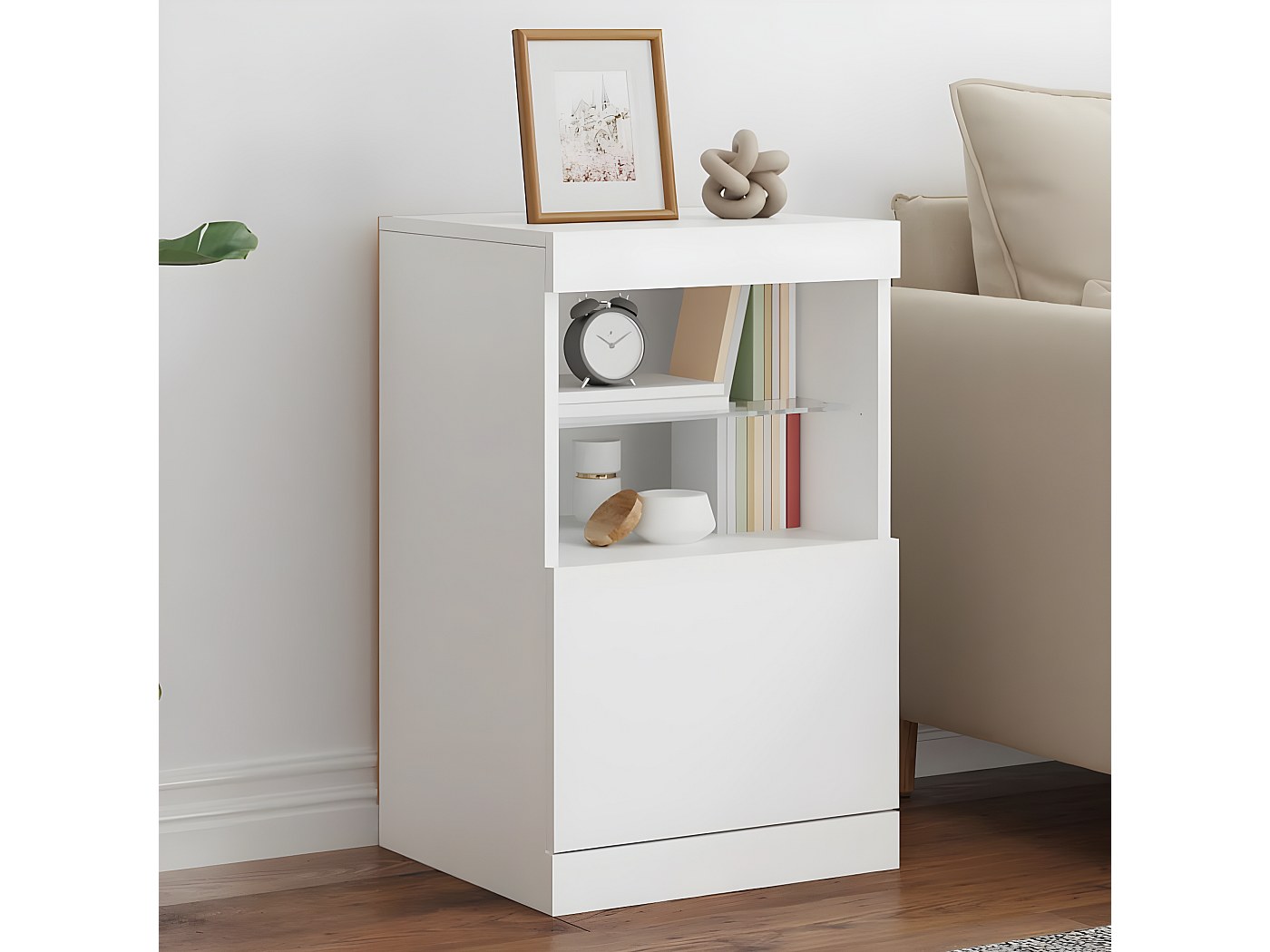 Credenza Bianca Lucida Con Luci LED - Mobile TV/Buffet 140 Cm Con Vetrina E Ripiani In Vetro - Foto 7